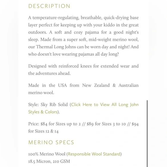 Chasing Windmills Merino Wool 	
Thermal Long Johns (Aloe - Rib Solid) - Picture 5 of 6